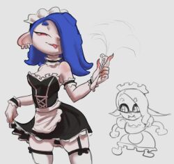 Rule 34 | 2girls, alternate costume, apron, armlet, blue hair, choker, cowboy shot, dddoodles, duster, ear piercing, feather duster, frye (splatoon), garter straps, hair over one eye, inkling player character, lace, lace choker, looking at viewer, maid, maid apron, maid headdress, multiple girls, nintendo, octoling player character, piercing, red eyes, shiver (splatoon), sketch, skirt, smile, solo focus, splatoon (series), splatoon 3, tentacle hair, thighhighs, tongue, tongue out, unfinished
