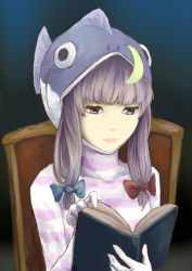 Rule 34 | 1girl, blue bow, blunt bangs, book, bow, chair, closed mouth, commentary request, crescent moon, fingernails, gradient background, hair bow, hat, hat ornament, holding, holding book, kouzilow, lips, long hair, long sleeves, looking away, moon, multicolored hair, patchouli knowledge, purple hat, reading, red bow, shirt, sitting, solo, striped clothes, striped shirt, touhou, turtleneck