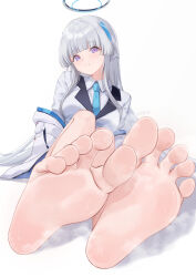 Rule 34 | 1girl, artist name, barefoot, blue archive, blunt bangs, blush, breasts, close-up, feet, foot focus, foreshortening, grey hair, halo, highres, large breasts, looking at viewer, noa (blue archive), purple eyes, rryiup, signature, simple background, sitting, smile, soles, solo, steaming body, sweat, toes, white background