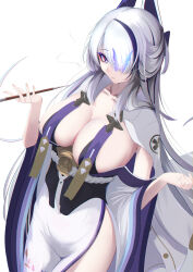Rule 34 | 1girl, absurdres, alicen-san, asymmetrical bangs, azur lane, black skirt, breast curtains, breasts, butterfly over eye, cleavage, commentary request, from above, grey hair, groin, hair over one eye, half updo, highres, holding, holding smoking pipe, horns, jacket, jacket on shoulders, japanese clothes, kimono, kiseru, large breasts, long hair, looking at viewer, multicolored hair, off shoulder, parted hair, purple eyes, purple hair, side slit, skindentation, skirt, smoking pipe, solo, streaked hair, thighs, unzen (azur lane), w arms, white jacket, white kimono, wide sleeves