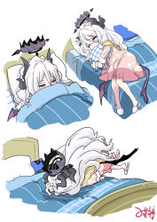 Rule 34 | 1girl, bed, black halo, black horns, black wings, blanket, blue archive, closed eyes, dress, hair between eyes, halo, hina (blue archive), hina (pajamas) (blue archive), horns, hugging object, kimura mitsuhiro, long hair, long sleeves, low wings, lying, multiple horns, on back, on bed, on side, pillow, pillow hug, pink dress, polka dot, polka dot dress, purple eyes, sleeping, slippers, under covers, very long hair, white hair, wings