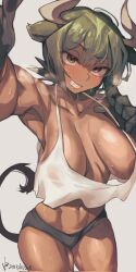 Rule 34 | 1girl, animal ears, areola slip, arm up, aurochs (kemono friends), breasts, breasts apart, brown eyes, brown hair, buruma, collarbone, cow ears, cow girl, cow horns, cow tail, cowboy shot, crop top, crop top overhang, dark-skinned female, dark areolae, dark skin, eyelashes, foreshortening, glowing, green hair, grin, hand up, highres, horns, iparupua, kemono friends, large areolae, large breasts, looking at viewer, medium hair, multicolored hair, naughty face, navel, outstretched arm, raised eyebrow, reaching, reaching towards viewer, sagging breasts, simple background, smile, solo, stomach, sweat, tail, tank top, white background