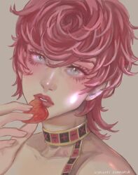 Rule 34 | 1girl, bare shoulders, blue eyes, blush, collarbone, food, fruit, highres, holding, holding food, holding fruit, jojo no kimyou na bouken, looking at viewer, parted lips, pink hair, ringovalent, short hair, solo, strawberry, trish una, upper body, vento aureo
