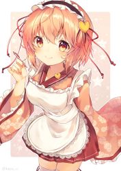 Rule 34 | 1girl, absurdres, apron, blush, brown eyes, brown hair, brown kimono, brown skirt, closed mouth, commentary request, fingernails, floral print, frilled hairband, frills, hair between eyes, hair ornament, hair ribbon, hairband, hand up, heart, heart hair ornament, highres, holding, holding pencil, japanese clothes, kimono, komeiji satori, long sleeves, looking at viewer, maid, maid apron, mechanical pencil, nenobi (nenorium), pencil, pleated skirt, print kimono, red ribbon, ribbon, short kimono, skirt, smile, solo, thighhighs, touhou, twitter username, wa maid, white apron, white thighhighs, wide sleeves