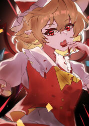 Rule 34 | 1girl, absurdres, ascot, blonde hair, blood, blood on clothes, blood on face, blood on hands, chirihouki, collarbone, crystal, fang, flandre scarlet, hat, highres, looking at viewer, mob cap, open mouth, pointy ears, red eyes, red vest, shirt, short hair, short sleeves, solo, touhou, upper body, vest, white hat, white shirt, wings, yellow ascot