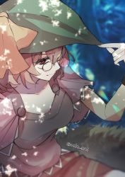 Rule 34 | 1girl, aoko (myut7287), blurry, blurry background, breasts, brown hair, brown shirt, closed mouth, commentary request, depth of field, futatsuiwa mamizou, glasses, green headwear, hair between eyes, highres, leaf, leaf on head, medium breasts, pince-nez, profile, raccoon tail, red eyes, red skirt, shirt, short sleeves, sitting, skirt, smile, solo, tail, touhou, twitter username