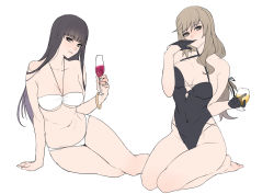 Rule 34 | 2girls, ban! (bansankan), bangle, bare shoulders, bikini, black gloves, black hair, black one-piece swimsuit, black ribbon, blunt bangs, bracelet, breasts, brown eyes, cleavage, covered navel, criss-cross halter, cup, drinking glass, finger in own mouth, full body, girls und panzer, gloves, hair between eyes, hair over shoulder, hair ribbon, halterneck, hime cut, holding, holding cup, jewelry, large breasts, long hair, looking at viewer, low-tied long hair, mature female, multiple girls, navel, nishizumi shiho, one-piece swimsuit, removing glove, ribbon, seiza, shimada chiyo, simple background, sitting, smile, straight hair, swept bangs, swimsuit, thighs, underboob, white background, white bikini, yokozuwari