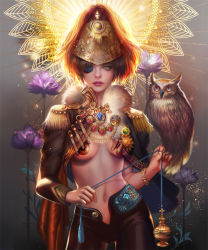 Rule 34 | 1girl, aiguillette, animal, animal on hand, asymmetrical clothes, backlighting, beak, belt, bird, black hair, black pants, blue eyes, blue gemstone, bracelet, breasts, buttons, contrapposto, cowboy shot, epaulettes, eyepatch, fan yang (jiuge), flower, fur collar, fur trim, gem, green eyes, grey background, hat, holding, jewelry, lips, looking at viewer, midriff, navel, one eye covered, open clothes, open fly, original, owl, pants, parted lips, pirate costume, pirate hat, purple flower, red gemstone, red lips, short hair, simple background, solo, standing, stomach, tassel, unbuttoned, underboob
