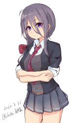 Rule 34 | 1girl, ariake (kancolle), celestea tera, collared shirt, commentary request, cowboy shot, crossed arms, grey hair, grey skirt, hair between eyes, hair ribbon, highres, kantai collection, long hair, long sleeves, looking at viewer, necktie, one-hour drawing challenge, pleated skirt, purple eyes, red necktie, ribbon, shirt, simple background, skirt, sleeves rolled up, solo, twitter username, white background