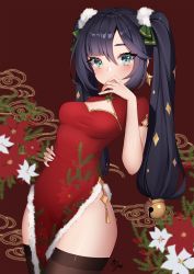 Rule 34 | 1girl, alternate costume, ankkoyom, artist name, asymmetrical bangs, bell, black hair, blue eyes, blush, breasts, brown thighhighs, china dress, chinese clothes, christmas, cleavage, cleavage cutout, clothing cutout, covering own mouth, cowboy shot, dress, earrings, floral background, floral print, fur-trimmed dress, fur trim, genshin impact, green ribbon, hair between eyes, hair ornament, hair ribbon, hand on own face, hand on own hip, hand on own stomach, highres, jewelry, jingle bell, long hair, looking at viewer, medium breasts, mona (genshin impact), no panties, pelvic curtain, print dress, red background, red dress, ribbon, short sleeves, sidelocks, solo, standing, thighhighs, thighs, twintails, very long hair