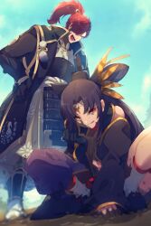Rule 34 | 1boy, 1girl, armor, black armor, black hair, blue sky, breast curtains, breasts, closed eyes, detached sleeves, echo (circa), fate/grand order, fate (series), feather hair ornament, feathers, gold trim, hair bun, hair ornament, hat, japanese armor, licking lips, long hair, long sleeves, looking at viewer, medium breasts, mori nagayoshi (fate), open mouth, parted bangs, ponytail, red eyes, red hair, side ponytail, sidelocks, single side bun, sky, smile, squatting, tongue, tongue out, ushiwakamaru (fate), very long hair, wide sleeves