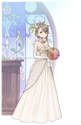 Rule 34 | 1girl, ange (princess principal), asymmetrical bangs, bare shoulders, blue eyes, bouquet, braid, braided bangs, breasts, bridal gauntlets, bride, cleavage, dress, earrings, flower, full body, gloves, grey hair, hair flower, hair ornament, highres, holding, holding bouquet, indoors, jewelry, light smile, lily (flower), looking at viewer, necklace, official art, princess principal, princess principal game of mission, short hair, solo, stained glass, standing, stud earrings, transparent background, wedding dress, white dress, white gloves