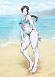 Rule 34 | 1girl, barefoot, beach, bikini, black hair, breasts, cloud, colored skin, day, elee0228, female focus, full body, grey eyes, large breasts, long hair, muscular, muscular female, nintendo, ocean, outdoors, ponytail, sky, solo, standing, swimsuit, tankini, toned, underboob, water, white skin, wii fit, wii fit trainer, wii fit trainer (female)