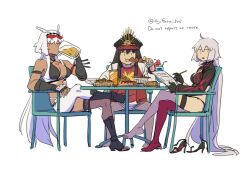 Rule 34 | 3girls, alcohol, asaya minoru, asymmetrical clothes, beer, beer mug, bikini, black bikini, black footwear, black gloves, black hair, black headwear, boots, breasts, caenis (fate), caenis (swimsuit rider) (fate), cleavage, crossed legs, cup, dark-skinned female, dark skin, eating, elbow gloves, english text, eyewear on head, family crest, fate/grand order, fate (series), fingerless gloves, food, gloves, grey hair, hat, high heels, holding, holding cup, holding food, hot dog, jacket, jeanne d&#039;arc alter (fate), jeanne d&#039;arc alter (swimsuit berserker) (fate), large breasts, long hair, looking at viewer, mug, multiple girls, oda nobunaga (fate), oda nobunaga (swimsuit berserker) (fate), oda uri, on chair, open clothes, open jacket, pants, peaked cap, red-tinted eyewear, red jacket, red shirt, red thighhighs, shirt, simple background, single pantsleg, single thighhigh, sitting, swimsuit, table, thighhighs, tinted eyewear, toeless footwear, twitter username, very long hair, white background, white hair, white pants