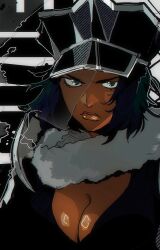 Rule 34 | 1girl, absurdres, angry, bleach, breasts, cleavage, closed mouth, dark-skinned female, dark skin, eyelashes, fur collar, green eyes, green hair, hat, highres, isaacchief300, jackie tristan, large breasts, lips, low neckline, medium hair, military hat, monochrome background, official alternate costume, paint splatter, peaked cap, shadow, solo, unmoving pattern, v-shaped eyebrows, veil, very dark skin