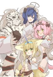 Rule 34 | 1boy, 3girls, alternate costume, animal ear fluff, animal ears, arknights, black bow, black hairband, blue eyes, blue hair, blue hairband, blush, bow, braid, braided hair rings, cat ears, cat girl, cat tail, closed mouth, commentary request, demon horns, detached sleeves, fake horns, fox ears, fox tail, furry, furry male, goldenglow (arknights), green eyes, hair between eyes, hair bow, hair rings, hairband, halo, highres, horns, kirin (armor), kitsune, kyuubi, looking at viewer, mgmg cc211, monster hunter (series), mostima (arknights), mountain (arknights), multiple girls, multiple tails, navel, open mouth, pink hair, suzuran (arknights), tail, tiger boy, yellow eyes