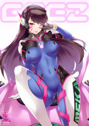 Rule 34 | 1girl, animal print, arm up, armor, artist logo, artist name, bad id, bad pixiv id, blue bodysuit, bodysuit, bracer, breasts, brown eyes, brown hair, commentary, covered navel, d.va (overwatch), emblem, english commentary, facepaint, facial mark, gainoob, gun, headphones, heart, knee up, long hair, looking at viewer, mecha, medium breasts, one eye closed, overwatch, overwatch 1, pauldrons, pilot suit, rabbit print, ribbed bodysuit, robot, shoulder armor, simple background, sitting, skin tight, solo, swept bangs, tongue, tongue out, v, weapon, whisker markings