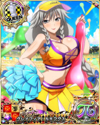 Rule 34 | 1girl, balloon, blue bow, blush, bow, braid, breasts, card (medium), cheerleader, chess piece, cleavage, female focus, grayfia lucifuge, grey eyes, grey hair, hair bow, high school dxd, large breasts, long hair, looking at viewer, matching hair/eyes, mature female, midriff, navel, official art, pom pom (cheerleading), queen (chess), red lips, sexually suggestive, skirt, smile, solo, stomach, twin braids, visor cap