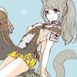 Rule 34 | 1girl, animal ears, arms behind back, artist name, blue background, blue eyes, breasts, cat ears, cat girl, cat tail, closed mouth, facial mark, final fantasy, final fantasy xiv, green footwear, high heels, leg up, light brown hair, lili mdoki, looking at viewer, miqo&#039;te, mole, mole under eye, ponytail, short sleeves, shorts, small breasts, smile, solo, tail, tail raised, warrior of light (ff14), whisker markings, yellow shorts, zhloe aliapoh