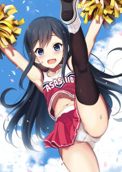 Rule 34 | 1girl, alternate costume, armpits, asashio (kancolle), black hair, black thighhighs, blue eyes, blue sky, blush, character name, cheering, cheerleader, clothes writing, cloud, crop top, crop top overhang, day, high tops, highres, kantai collection, kneepits, kyogoku shin, leg lift, long hair, midriff, miniskirt, navel, open mouth, outdoors, panties, pantyshot, pleated skirt, pom pom (cheerleading), shirt, shoes, skirt, sky, sleeveless, sleeveless shirt, sneakers, solo, split, standing, thighhighs, underwear, white panties