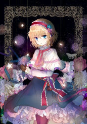 Rule 34 | alice margatroid, ascot, black legwear, blonde hair, blue dress, blue eyes, bug, butterfly, capelet, dress, floral background, flower, frills, hair flower, hair ornament, hairband, holding, holding flower, insect, kazu (muchuukai), long sleeves, looking at viewer, ribbon, sash, short hair, solo, star (symbol), touhou