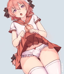 Rule 34 | 1boy, artist name, astolfo (fate), astolfo (sailor paladin) (fate), bad id, bad pixiv id, blush, bow, bow panties, braid, clothes lift, colored skin, cowboy shot, crossdressing, fate/apocrypha, fate/grand order, fate (series), flustered, from below, hair between eyes, hair bow, hair ornament, hair ribbon, lifting own clothes, long hair, looking at viewer, male focus, mole, neckerchief, nita (nazunita), open mouth, panties, penis, penis in panties, pink hair, pink neckerchief, pleated skirt, precum, purple eyes, ribbon, school uniform, serafuku, simple background, skirt, skirt lift, small penis, solo, standing, teeth, thighhighs, trap, underwear, very long hair, white panties, white skin, white thighhighs