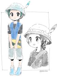 Rule 34 | 10s, 1girl, :d, black eyes, black hair, blue vest, blunt bangs, commentary, full body, green hair, grey shorts, hat, hat feather, heterochromia, holding, kemono friends, kemono friends 2, kyururu (kemono friends), looking at viewer, mismatched pupils, multicolored hair, multiple views, open mouth, panzuban, partially colored, short hair, short ponytail, short sleeves, shorts, simple background, sketchbook, smile, twitter username, two-tone hair, v arms, vest, white background