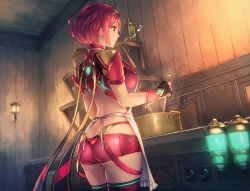 Rule 34 | 1girl, anbe yoshirou, apron, armor, ass, breasts, cooking, earrings, fingerless gloves, from behind, gloves, headpiece, highres, humming, indoors, jewelry, kitchen, large breasts, nintendo, pot, pyra (xenoblade), red eyes, red hair, red shorts, short hair, short shorts, shorts, shoulder armor, smile, swept bangs, thighhighs, thighs, tiara, wooden wall, xenoblade chronicles (series), xenoblade chronicles 2