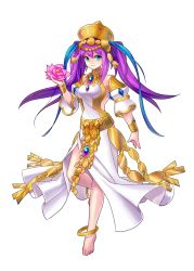 Rule 34 | 1girl, aken, anklet, aqua eyes, bangle, bare legs, barefoot, bracelet, detached sleeves, dress, flower, full body, hair ornament, hat, highres, holding, holding flower, jewelry, lakshmi (p&amp;d), leg up, long hair, lots of jewelry, lotus, purple hair, puzzle &amp; dragons, simple background, smile, solo, twintails, white background, white dress