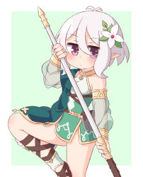 Rule 34 | 1girl, absurdres, antenna hair, blush, breasts, bridal gauntlets, brown footwear, closed mouth, commentary request, detached sleeves, dress, flower, green background, green sleeves, hair between eyes, hair flower, hair ornament, hana kazari, hand up, highres, holding, kokkoro (princess connect!), long sleeves, looking at viewer, pointy ears, princess connect!, puffy long sleeves, puffy sleeves, purple eyes, sandals, see-through, see-through sleeves, silver hair, sleeveless, sleeveless dress, small breasts, solo, standing, standing on one leg, two-tone background, white background, white dress, white flower
