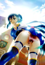 Rule 34 | 1girl, absurdres, aqua (konosuba), aqua eyes, ass, bent over, between legs, blue hair, blue thighhighs, boots, breasts, building, cloud, cloudy sky, covering privates, covering crotch, dated, day, detached sleeves, dress, finger to mouth, hair bobbles, hair ornament, hair rings, hand between legs, highres, index finger raised, kono subarashii sekai ni shukufuku wo!, lens flare, long hair, looking at viewer, looking back, medium breasts, no panties, one eye closed, oshiyon, see-through, short dress, sky, smile, solo, standing, sunlight, thigh boots, thighhighs, twitter username, white thighhighs