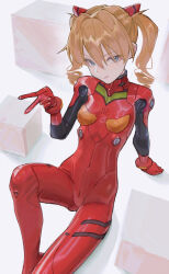 Rule 34 | 1girl, absurdres, alternate hairstyle, arm support, blue eyes, bodysuit, breasts, brown hair, drill hair, feet out of frame, hair between eyes, highres, interface headset, licking lips, long hair, looking at viewer, neon genesis evangelion, pilot suit, plugsuit, red bodysuit, saaal653, sitting, small breasts, smile, solo, souryuu asuka langley, thighs, tongue, tongue out, twintails, v