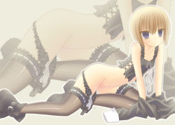 Rule 34 | 1girl, ankle boots, bare shoulders, blonde hair, blue eyes, boots, breasts, bridal garter, brown thighhighs, collarbone, flat chest, frills, full body, kurasawa kyoushou, looking at viewer, midriff, navel, no panties, original, short hair, solo, stomach, thighhighs, zoom layer