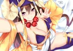 Rule 34 | 1girl, 2017, beads, bikini, bikini top only, blurry, blush, breasts, brown hair, cleavage, dated, depth of field, fate/grand order, fate (series), hair between eyes, hat, jewelry, large breasts, long hair, looking at viewer, nebusoku, necklace, pawoo username, prayer beads, purple bikini, purple eyes, reaching, smile, solo, swimsuit, thighhighs, twitter username, xuangzang sanzang (fate)