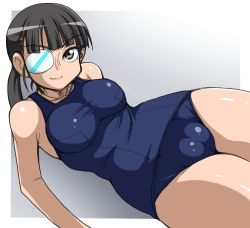 Rule 34 | 1girl, black eyes, black hair, cameltoe, cleft of venus, eyepatch, fat mons, long hair, lying, on side, one-piece swimsuit, ponytail, sakamoto mio, school swimsuit, smile, solo, strike witches, swimsuit, taut clothes, taut swimsuit, tsucky, world witches series