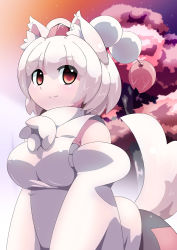Rule 34 | 1girl, :3, animal ears, bare shoulders, breasts, detached sleeves, gachirin (mint0527), hat, inubashiri momiji, large breasts, looking at viewer, nature, pom pom (clothes), red eyes, sarashi, shirt, short hair, silver hair, skirt, solo, tail, tokin hat, touhou, tree, wolf ears, wolf tail