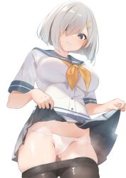 Rule 34 | 1girl, black pantyhose, blue eyes, blush, breasts, buttons, clothes lift, clothes pull, cowboy shot, grey hair, grey sailor collar, grey skirt, groin, hair ornament, hairclip, hamakaze (kancolle), highres, kantai collection, large breasts, lifted by self, medium breasts, neckerchief, open mouth, panties, pantyhose, pantyhose pull, pleated skirt, sailor collar, sakieko, school uniform, serafuku, short hair, skirt, skirt lift, solo, standing, underwear, white panties, yellow neckerchief
