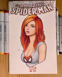 Rule 34 | 1girl, art tools in frame, blue eyes, breasts, cleavage, commentary, commission, cropped torso, english commentary, eyebrows hidden by hair, highres, marker (medium), marvel, mary jane watson, medium breasts, medium hair, orange hair, parted lips, photoshop (medium), pink lips, shirt, signature, solo, spider-man, spider-man (series), t-shirt, thick eyebrows, traditional media, will jack