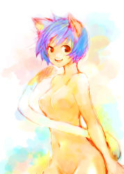 Rule 34 | 1girl, animal ears, bad id, bad pixiv id, blue hair, breasts, cat ears, cat girl, cat tail, female focus, gradient background, medium breasts, nomoto, nude, original, red eyes, short hair, sketch, smile, solo, tail, white background
