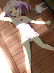 Rule 34 | 10s, 1girl, 7ban, arm up, armpits, babydoll, rabbit, collarbone, hand fan, hair bobbles, hair ornament, hand on forehead, hot, kantai collection, lying, off shoulder, on back, open mouth, panties, pink eyes, purple hair, sazanami (kancolle), solo, strap slip, sweat, twintails, underwear, white panties