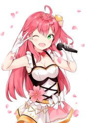 Rule 34 | 1girl, ;d, absurdres, ahoge, bare shoulders, blush, bow, breasts, cleavage, collarbone, commentary request, dress, flower, gloves, green eyes, hair between eyes, hair ornament, hairclip, hands up, highres, holding, holding microphone, hololive, long hair, medium breasts, microphone, official alternate costume, one eye closed, open mouth, petals, pink flower, pink hair, pleated dress, red bow, sakura miko, simple background, sleeveless, sleeveless dress, smile, solo, v over eye, very long hair, virtual youtuber, white background, white bow, white dress, white gloves, x hair ornament, yukaa
