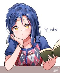 Rule 34 | 1girl, :o, argyle, bangle, blue hair, blue shirt, blush, book, bracelet, braid, buttons, character name, collarbone, crown braid, hand up, head rest, holding, holding book, idolmaster, idolmaster million live!, jewelry, kuri choko, looking at viewer, nanao yuriko, open book, parted lips, sanpaku, shirt, short sleeves, sidelocks, signature, simple background, solo, white background, yellow eyes