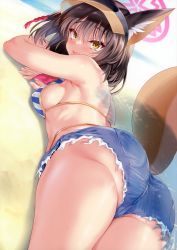 Rule 34 | 1girl, absurdres, ass, bare shoulders, bikini, bikini top only, blue archive, blush, breasts, brown hair, cle masahiro, highres, izuna (blue archive), izuna (swimsuit) (blue archive), looking at viewer, looking back, medium breasts, open mouth, scan, shiny skin, short shorts, shorts, simple background, smile, solo, striped, sweat, sweatdrop, swimsuit, tail, thighs, visor cap