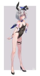 Rule 34 | 1girl, absurdres, amane kanata, arm tattoo, blush, breasts, detached collar, full body, high heels, highres, hololive, leotard, outside border, playboy bunny, rei (9086), small breasts, solo, standing, tattoo, thigh strap, virtual youtuber, wings