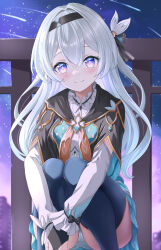 Rule 34 | 1girl, absurdres, firefly (honkai: star rail), grey hair, hairband, highres, honkai: star rail, honkai (series), long hair, looking at viewer, outdoors, paradox (hatto air), purple eyes, smile, solo