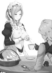 Rule 34 | 1boy, 1girl, absurdres, apron, armor, basket, black gloves, breasts, breasts out, coffee cup, collar, corrin (fire emblem), corrin (male) (fire emblem), cup, disposable cup, dress, fire emblem, fire emblem fates, flora (fire emblem), from behind, gloves, grabbing own breast, highres, holding, holding cup, lactating into container, lactation, large breasts, long hair, long sleeves, maid, maid apron, maid headdress, mayonaka 030, medium hair, milk, monochrome, nintendo, nipples, pointy ears, ponytail, saucer, simple background, sitting, squeezing, standing, table, unaligned breasts, white background