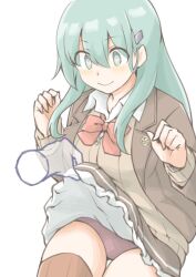 Rule 34 | 1girl, 1other, @ @, akara kai, aqua eyes, aqua hair, blazer, blush, bow, bowtie, brown cardigan, brown jacket, brown skirt, brown thighhighs, cardigan, closed mouth, clothes lift, collared shirt, disembodied hand, disembodied hand, dot nose, embarrassed, empty eyes, frilled skirt, frills, hair between eyes, hair ornament, hair over shoulder, hairclip, highres, jacket, kantai collection, lifting another&#039;s clothes, long hair, long sleeves, matching hair/eyes, one-hour drawing challenge, open cardigan, open clothes, orange bow, orange bowtie, panties, purple panties, red bow, red bowtie, school uniform, shirt, simple background, skindentation, skirt, skirt lift, smile, solo, suzuya (kancolle), suzuya kai ni (kancolle), tareme, thighhighs, underwear, white background, white shirt