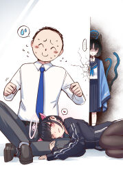 Rule 34 | ..., 1boy, 2girls, absurdres, animal ears, black eyes, black footwear, black hair, black jacket, black pants, black pantyhose, black sailor collar, black skirt, blue archive, blue halo, blue neckerchief, blush, cat ears, cat tail, collared shirt, colored inner hair, doodle sensei (blue archive), extra ears, flying sweatdrops, hair ornament, hairclip, halo, haori, heart, highres, hood, hood down, hooded jacket, jacket, japanese clothes, jealous, kazusa (blue archive), kikyou (blue archive), kiritto, long sleeves, multicolored hair, multiple girls, multiple tails, neckerchief, one eye closed, open mouth, pants, pantyhose, pink hair, pink halo, pleated skirt, red eyes, sailor collar, school uniform, sensei (blue archive), serafuku, shaded face, shirt, shoes, short hair, skirt, smile, spoken ellipsis, spoken heart, tail, two tails, white shirt