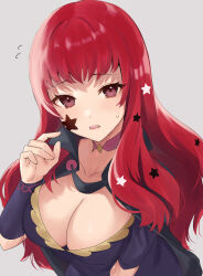 Rule 34 | 1girl, black cape, breasts, cape, choker, cleavage, commentary request, facial mark, fire emblem, fire emblem engage, grey background, haru (nakajou-28), highres, large breasts, long hair, looking at viewer, nintendo, open mouth, pink choker, purple eyes, red hair, simple background, solo, star (symbol), upper body, yunaka (fire emblem)