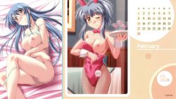 Rule 34 | 2girls, ahoge, alcohol, animal ears, bare shoulders, bed, blue hair, blush, bow, bowtie, bra, bra lift, breast hold, breast slip, breasts, calendar, crossed arms, crossover, cup, drink, drinking glass, ecchi na bunny-san wa kirai?, ecchi na bunny-san wa kirai? 2, fake animal ears, february, fishnet pantyhose, fishnets, from above, green bra, green panties, indoors, kasuga madoka, large breasts, leotard, leotard pull, lingerie, long hair, lying, multiple girls, name tag, naughty face, nipples, no bra, no pussy, official art, on side, one breast out, one eye closed, panties, panty pull, pantyhose, pink eyes, playboy bunny, ponytail, rabbit ears, sagara-san&#039;chi no etsuraku life, sagara arisa, sagara family, smile, standing, strap slip, sweat, tray, underwear, undressing, waitress, wine, wine glass, wink, wrist cuffs, yamane masahiro, yellow eyes, zyx